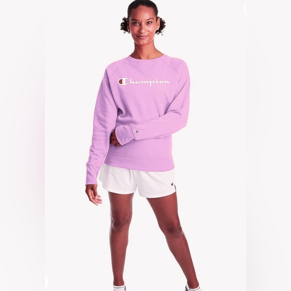 Champion Powerblend Fleece Sweater Relaxed Crew Screen Print Paper Orchid Size M